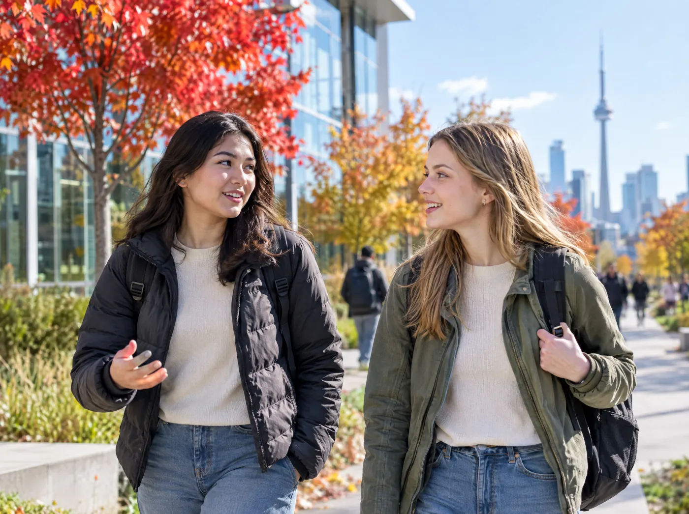 Two international students walking through a university campus in Toronto in autumn, with the CN Tower behind