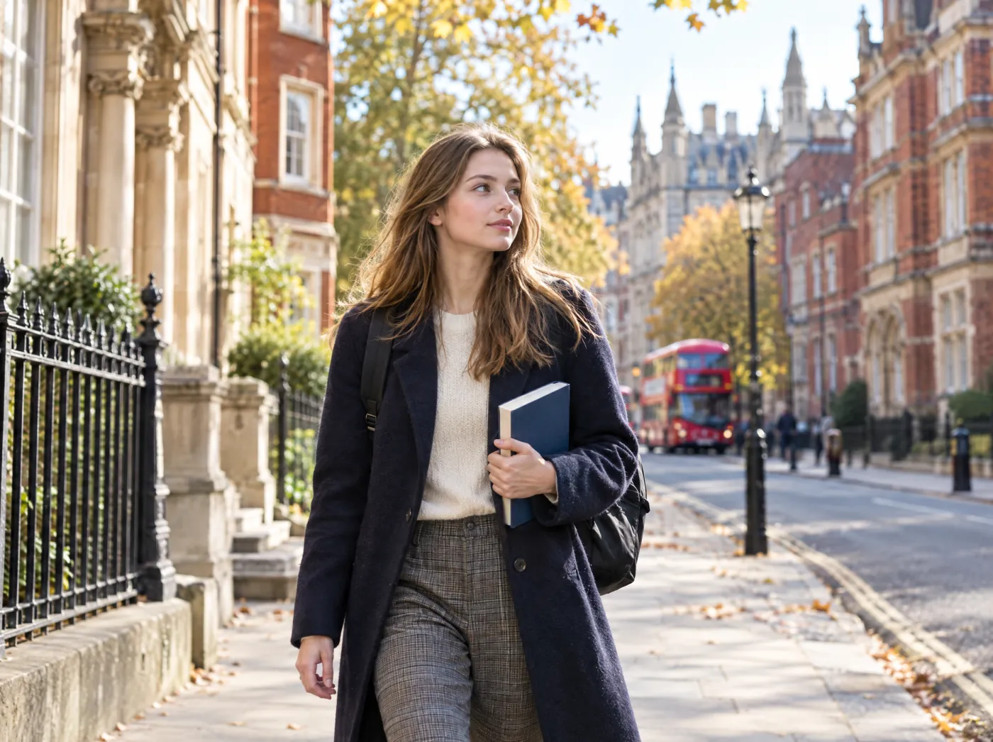 International student walking along a historic London street in autumn, with a red double-decker bus behind International student walking along a historic London street in autumn, with a red double-decker bus behind